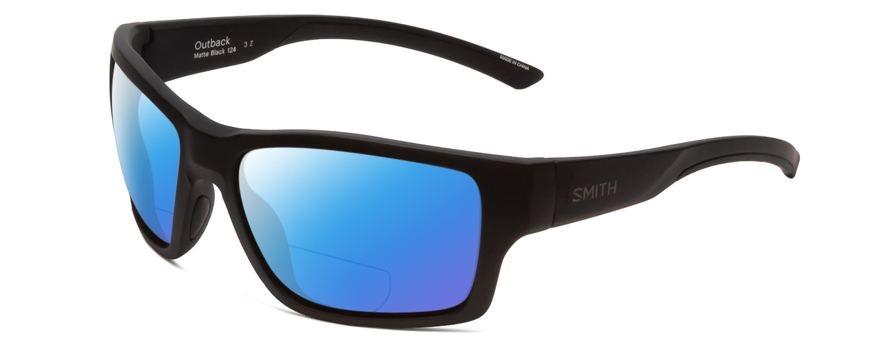 Profile View of Smith Optics Outback Designer Polarized Reading Sunglasses with Custom Cut Powered Blue Mirror Lenses in Matte Black Unisex Square Full Rim Acetate 59 mm