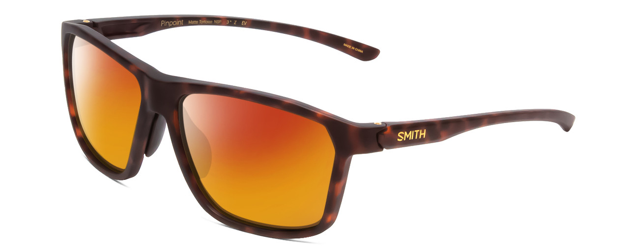 Profile View of Smith Optics Pinpoint Designer Polarized Sunglasses with Custom Cut Red Mirror Lenses in Matte Tortoise Havana Gold Unisex Square Full Rim Acetate 59 mm