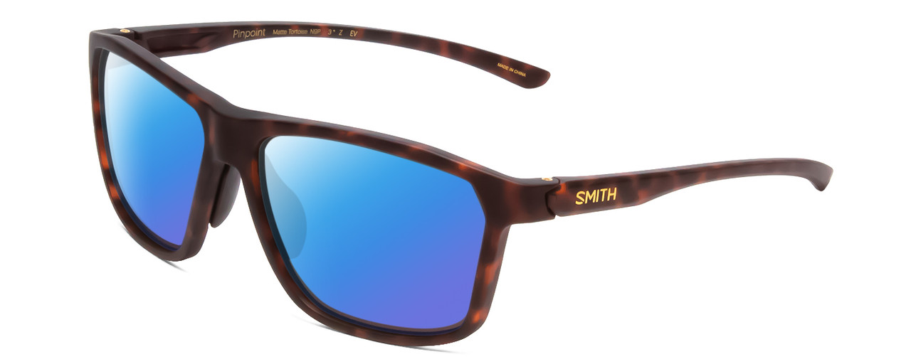 Profile View of Smith Optics Pinpoint Designer Polarized Sunglasses with Custom Cut Blue Mirror Lenses in Matte Tortoise Havana Gold Unisex Square Full Rim Acetate 59 mm