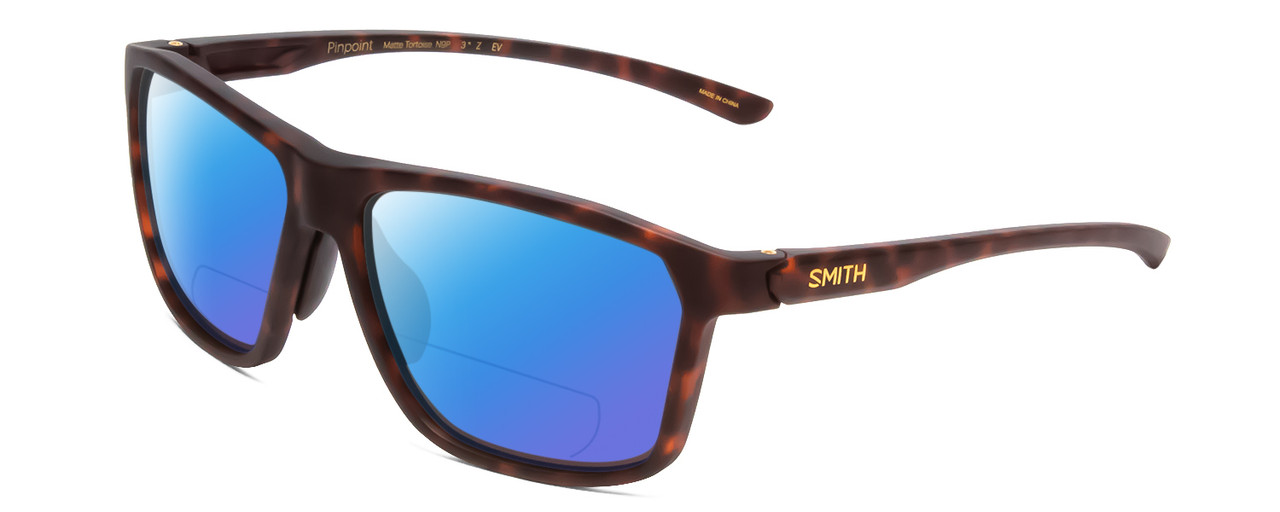 Profile View of Smith Optics Pinpoint Designer Polarized Reading Sunglasses with Custom Cut Powered Blue Mirror Lenses in Matte Tortoise Havana Gold Unisex Square Full Rim Acetate 59 mm