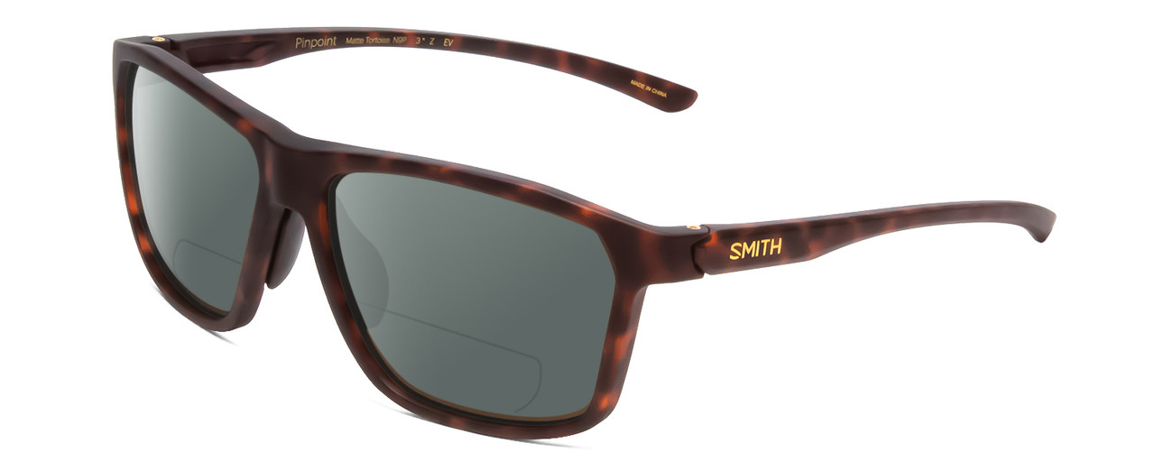 Profile View of Smith Optics Pinpoint Designer Polarized Reading Sunglasses with Custom Cut Powered Smoke Grey Lenses in Matte Tortoise Havana Gold Unisex Square Full Rim Acetate 59 mm