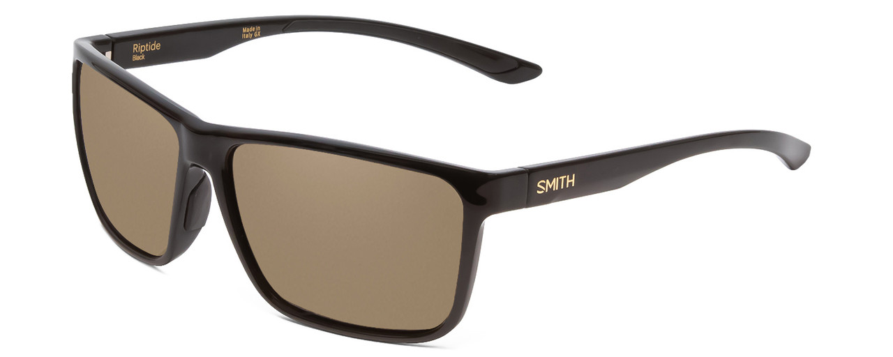 Profile View of Smith Optics Riptide Designer Polarized Sunglasses with Custom Cut Amber Brown Lenses in Gloss Black Unisex Rectangle Full Rim Acetate 57 mm