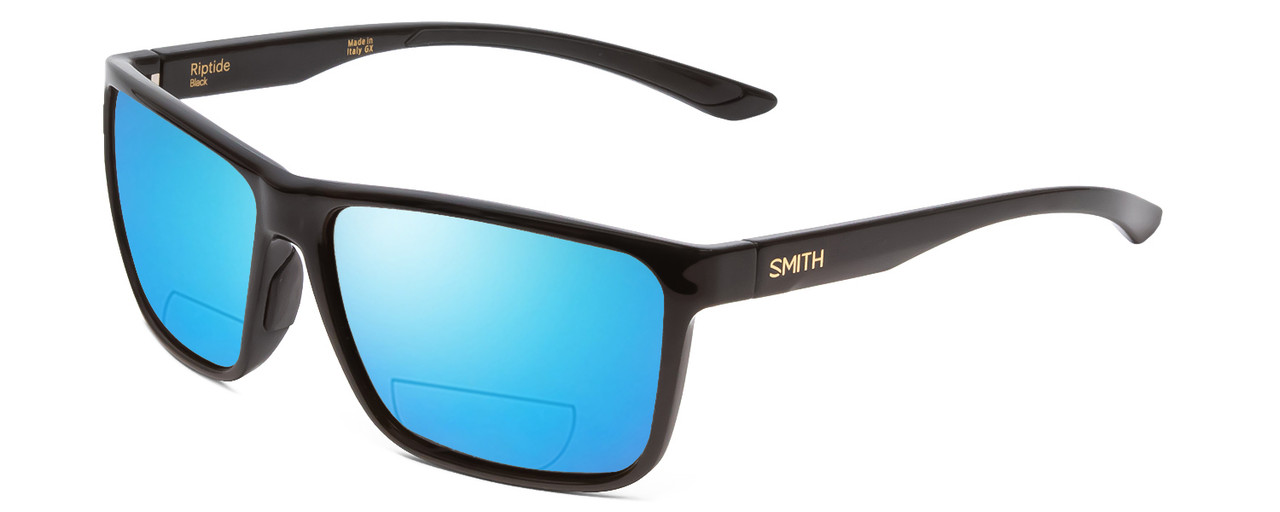 Profile View of Smith Optics Riptide Designer Polarized Reading Sunglasses with Custom Cut Powered Blue Mirror Lenses in Gloss Black Unisex Rectangle Full Rim Acetate 57 mm