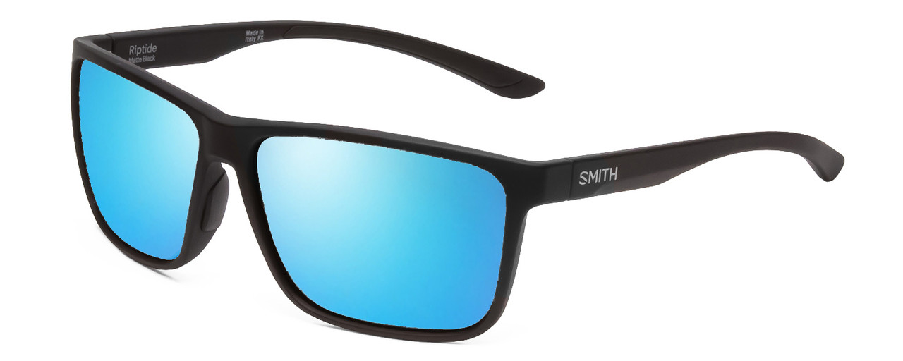 Profile View of Smith Optics Riptide Designer Polarized Sunglasses with Custom Cut Blue Mirror Lenses in Matte Black Unisex Rectangle Full Rim Acetate 57 mm