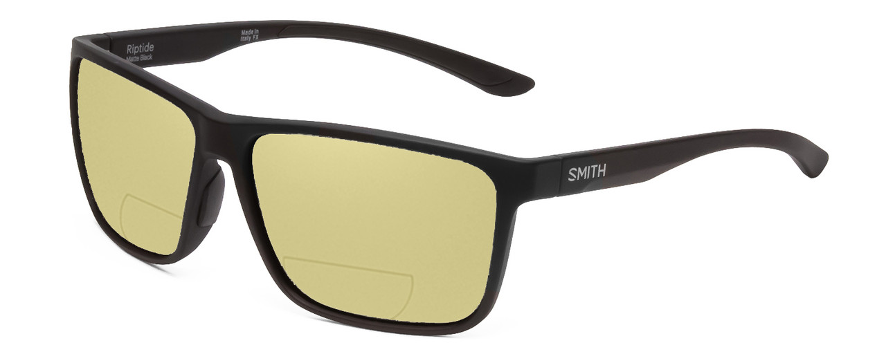 Profile View of Smith Optics Riptide Designer Polarized Reading Sunglasses with Custom Cut Powered Sun Flower Yellow Lenses in Matte Black Unisex Rectangle Full Rim Acetate 57 mm
