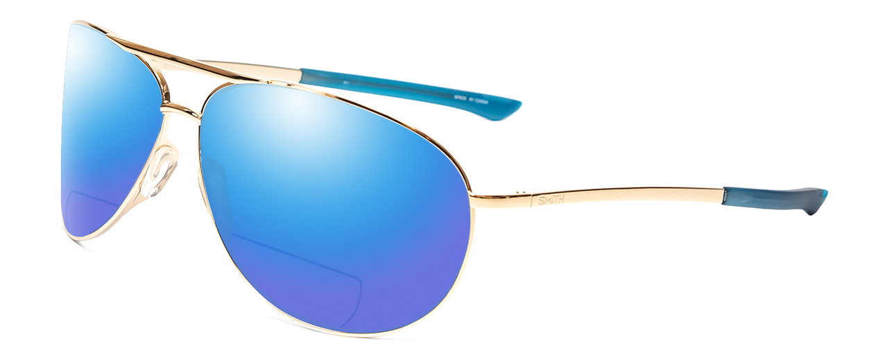 Profile View of Smith Optics Serpico 2 Designer Polarized Reading Sunglasses with Custom Cut Powered Blue Mirror Lenses in Gold Unisex Aviator Full Rim Metal 65 mm