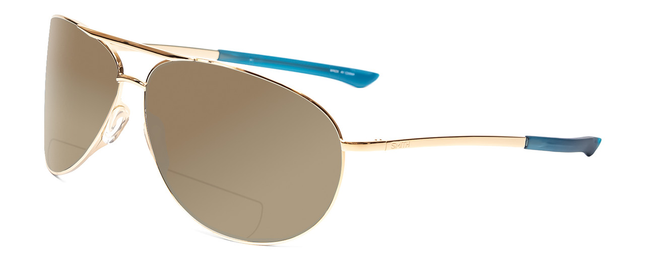 Profile View of Smith Optics Serpico 2 Designer Polarized Reading Sunglasses with Custom Cut Powered Amber Brown Lenses in Gold Unisex Pilot Full Rim Metal 65 mm