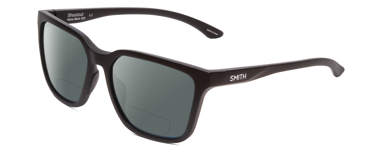 Profile View of Smith Optics Shoutout Designer Polarized Reading Sunglasses with Custom Cut Powered Smoke Grey Lenses in Matte Black Unisex Retro Full Rim Acetate 57 mm