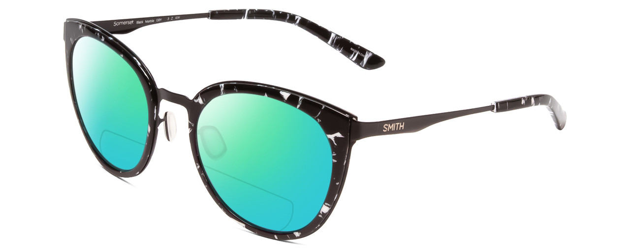 Profile View of Smith Optics Somerset Designer Polarized Reading Sunglasses with Custom Cut Powered Green Mirror Lenses in Black Marble Tortoise Ladies Cateye Full Rim Stainless Steel 53 mm