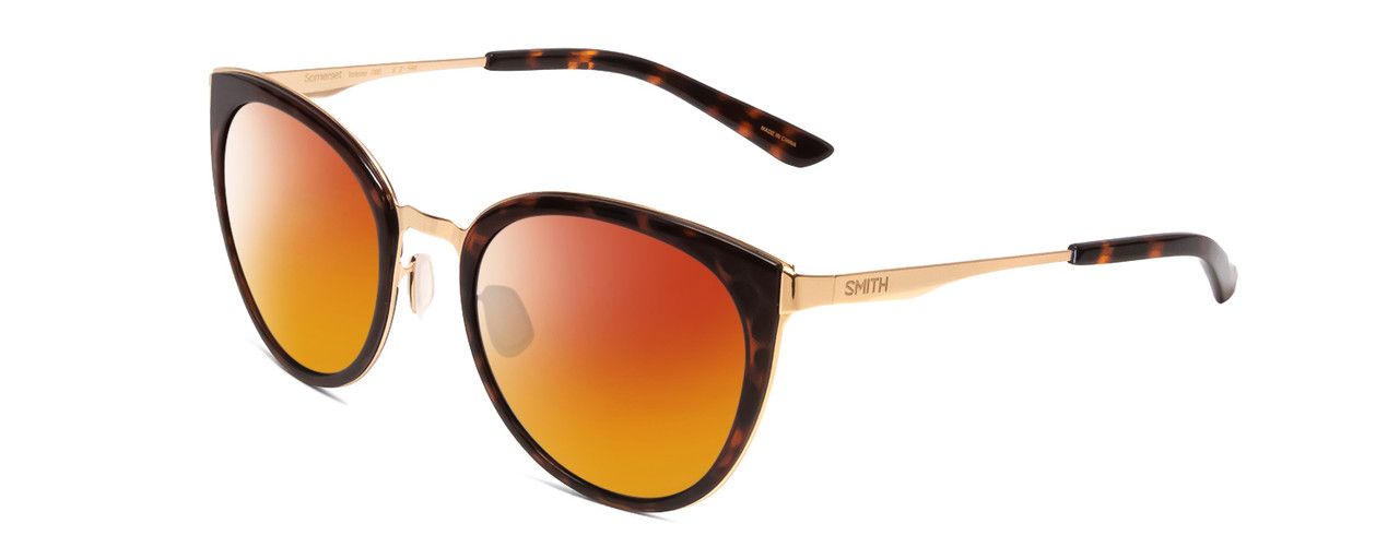 Profile View of Smith Optics Somerset Designer Polarized Sunglasses with Custom Cut Red Mirror Lenses in Tortoise Havana Gold Ladies Cateye Full Rim Stainless Steel 53 mm