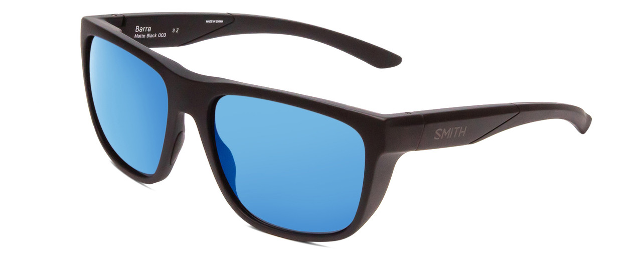 Profile View of Smith Barra Unisex Classic Sunglasses Black/ChromaPop Polarized Blue Mirror 59mm