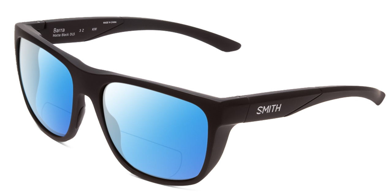 Profile View of Smith Optics Barra Designer Polarized Reading Sunglasses with Custom Cut Powered Blue Mirror Lenses in Matte Black Unisex Classic Full Rim Acetate 59 mm