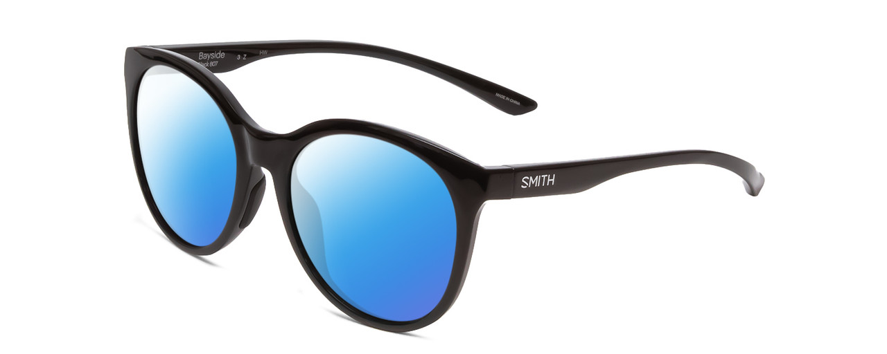 Profile View of Smith Optics Bayside Designer Polarized Sunglasses with Custom Cut Blue Mirror Lenses in Gloss Black Unisex Cateye Full Rim Acetate 54 mm