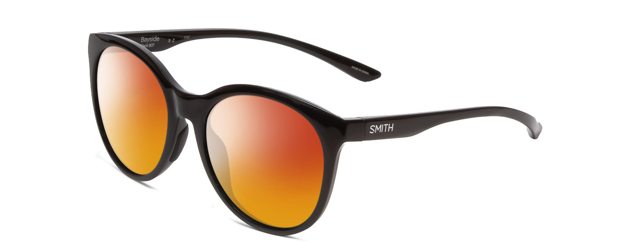 Profile View of Smith Optics Bayside Designer Polarized Sunglasses with Custom Cut Red Mirror Lenses in Gloss Black Unisex Cateye Full Rim Acetate 54 mm