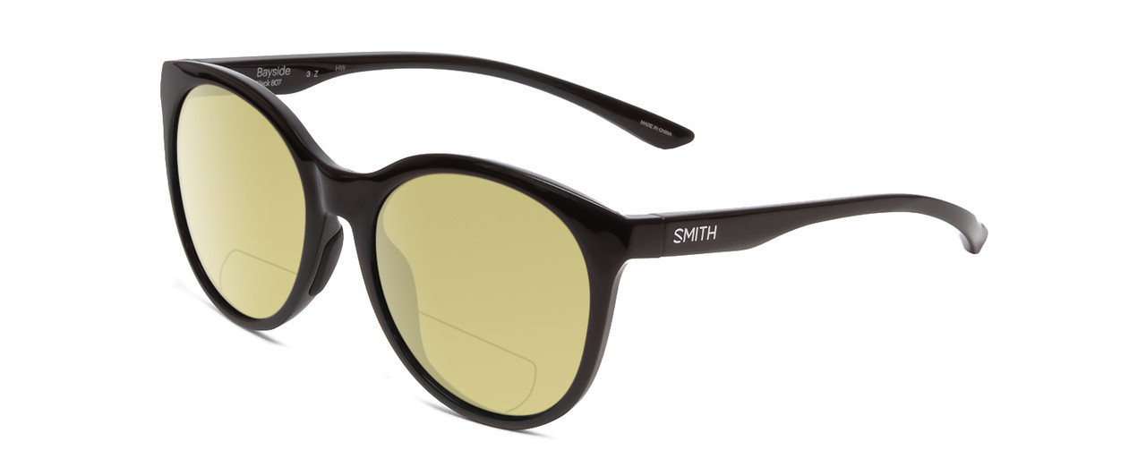 Profile View of Smith Optics Bayside Designer Polarized Reading Sunglasses with Custom Cut Powered Sun Flower Yellow Lenses in Gloss Black Unisex Cateye Full Rim Acetate 54 mm