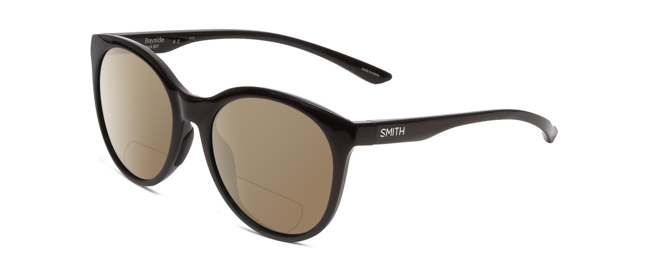 Profile View of Smith Optics Bayside Designer Polarized Reading Sunglasses with Custom Cut Powered Amber Brown Lenses in Gloss Black Unisex Cateye Full Rim Acetate 54 mm