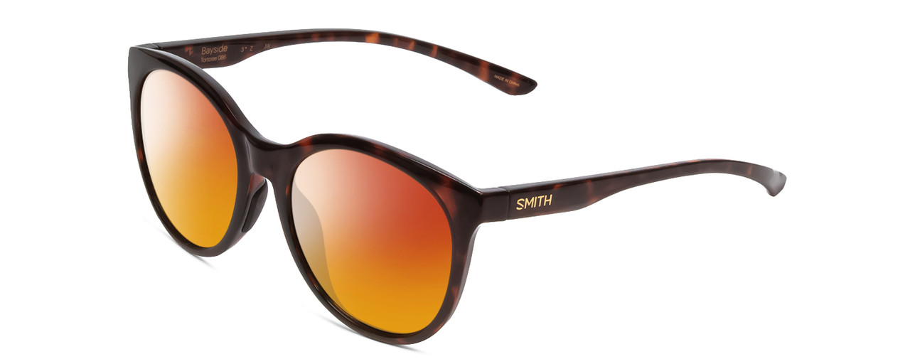 Profile View of Smith Optics Bayside Designer Polarized Sunglasses with Custom Cut Red Mirror Lenses in Tortoise Havana Gold Unisex Cateye Full Rim Acetate 54 mm