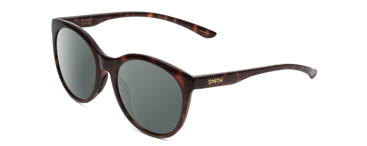 Profile View of Smith Optics Bayside Designer Polarized Sunglasses with Custom Cut Smoke Grey Lenses in Tortoise Havana Gold Unisex Cateye Full Rim Acetate 54 mm
