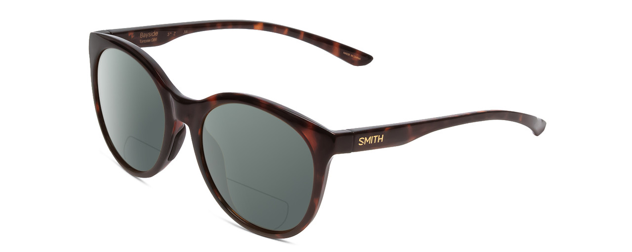 Profile View of Smith Optics Bayside Designer Polarized Reading Sunglasses with Custom Cut Powered Smoke Grey Lenses in Tortoise Havana Gold Unisex Cateye Full Rim Acetate 54 mm