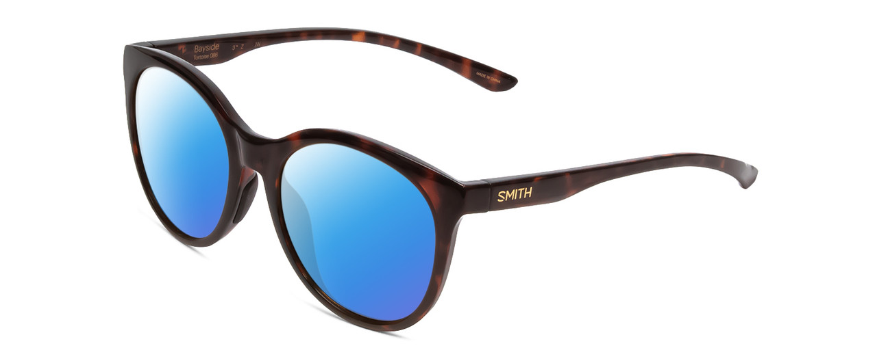 Profile View of Smith Optics Bayside Designer Polarized Sunglasses with Custom Cut Blue Mirror Lenses in Tortoise Havana Gold Unisex Cateye Full Rim Acetate 54 mm