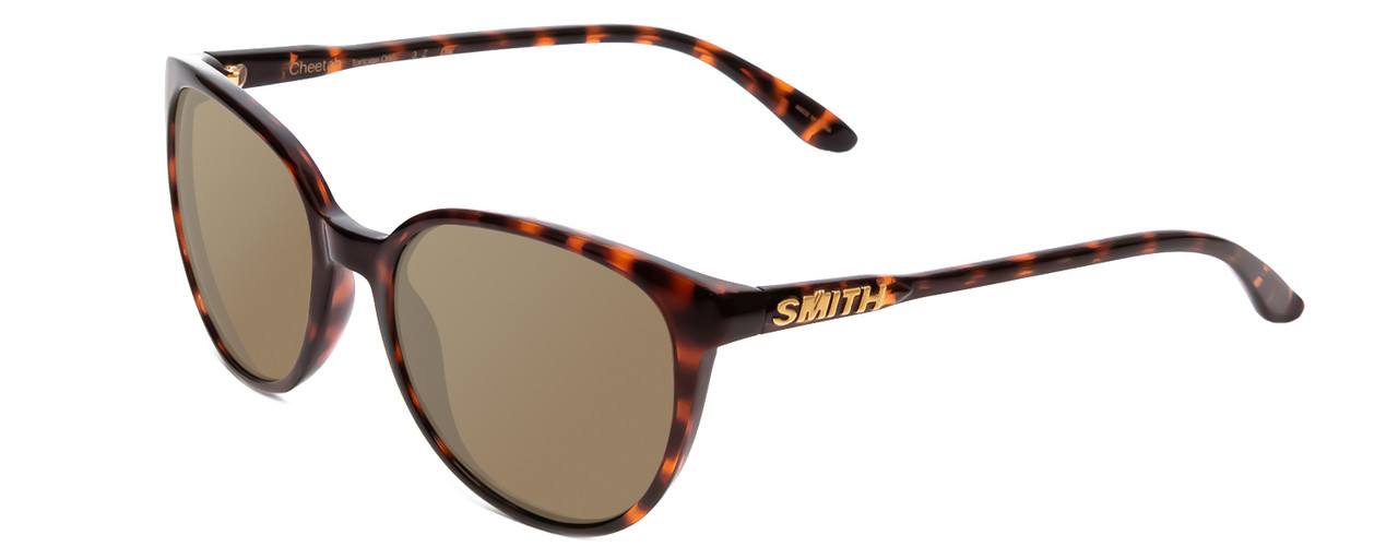 Profile View of Smith Optics Cheetah Designer Polarized Sunglasses with Custom Cut Amber Brown Lenses in Tortoise Havana Gold Ladies Cateye Full Rim Acetate 54 mm