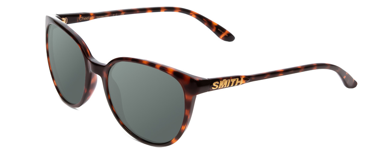Profile View of Smith Optics Cheetah Designer Polarized Sunglasses with Custom Cut Smoke Grey Lenses in Tortoise Havana Gold Ladies Cateye Full Rim Acetate 54 mm
