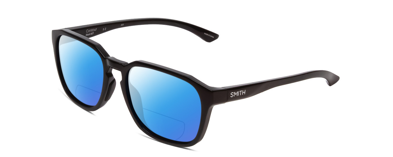 Profile View of Smith Optics Contour Designer Polarized Reading Sunglasses with Custom Cut Powered Blue Mirror Lenses in Gloss Black Unisex Square Full Rim Acetate 56 mm