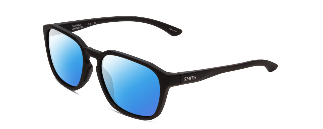 Profile View of Smith Optics Contour Designer Polarized Sunglasses with Custom Cut Blue Mirror Lenses in Matte Black Unisex Square Full Rim Acetate 56 mm