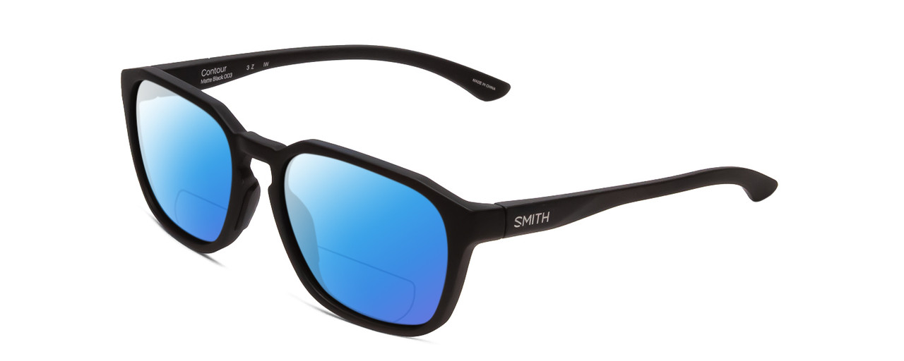 Profile View of Smith Optics Contour Designer Polarized Reading Sunglasses with Custom Cut Powered Blue Mirror Lenses in Matte Black Unisex Square Full Rim Acetate 56 mm