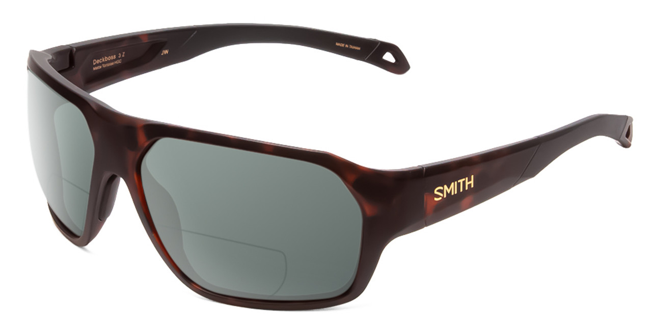 Front View of Smith Optics Deckboss Designer Polarized Reading Sunglasses with Custom Cut Powered Green Mirror Lenses in Matte Tortoise Havana Gold Unisex Rectangle Full Rim Acetate 63 mm