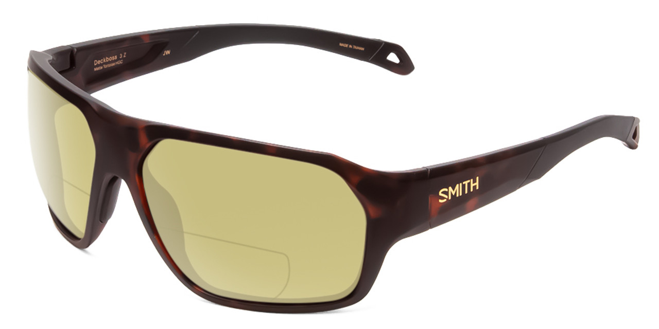 Side View of Smith Optics Deckboss Designer Polarized Reading Sunglasses with Custom Cut Powered Green Mirror Lenses in Matte Tortoise Havana Gold Unisex Rectangle Full Rim Acetate 63 mm