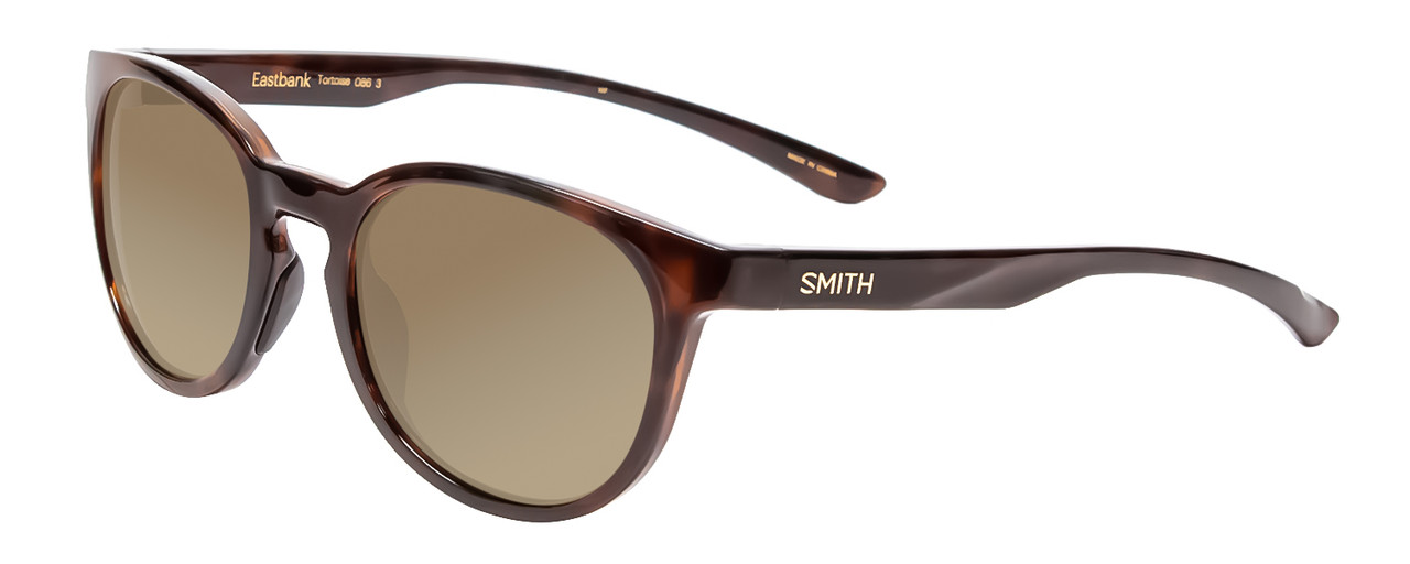 Profile View of Smith Optics Eastbank Designer Polarized Sunglasses with Custom Cut Amber Brown Lenses in Tortoise Havana Brown Gold Unisex Round Full Rim Acetate 52 mm