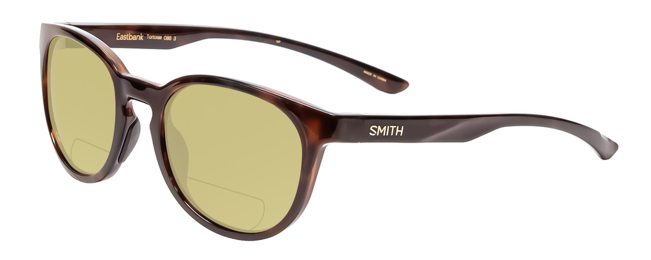 Profile View of Smith Optics Eastbank Designer Polarized Reading Sunglasses with Custom Cut Powered Sun Flower Yellow Lenses in Tortoise Havana Brown Gold Unisex Round Full Rim Acetate 52 mm