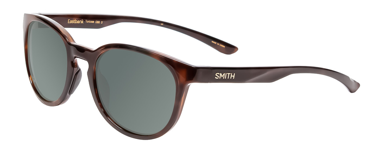 Profile View of Smith Optics Eastbank Designer Polarized Sunglasses with Custom Cut Smoke Grey Lenses in Tortoise Havana Gold Unisex Round Full Rim Acetate 52 mm