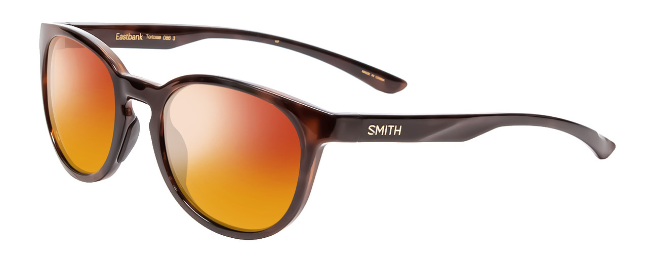 Profile View of Smith Optics Eastbank Designer Polarized Sunglasses with Custom Cut Red Mirror Lenses in Tortoise Havana Gold Unisex Round Full Rim Acetate 52 mm