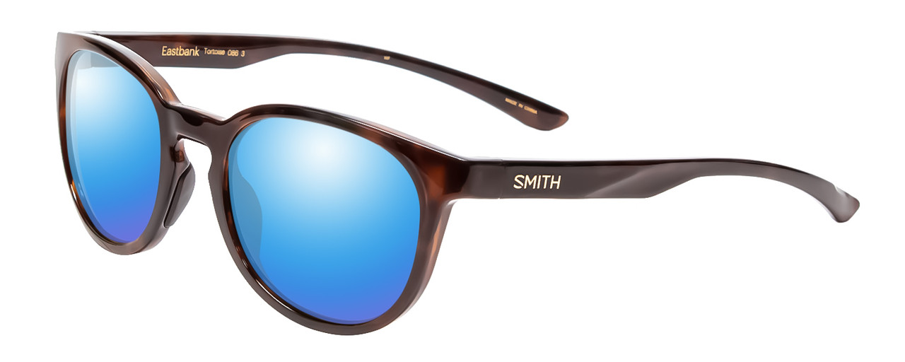 Profile View of Smith Optics Eastbank Designer Polarized Sunglasses with Custom Cut Blue Mirror Lenses in Tortoise Havana Gold Unisex Round Full Rim Acetate 52 mm