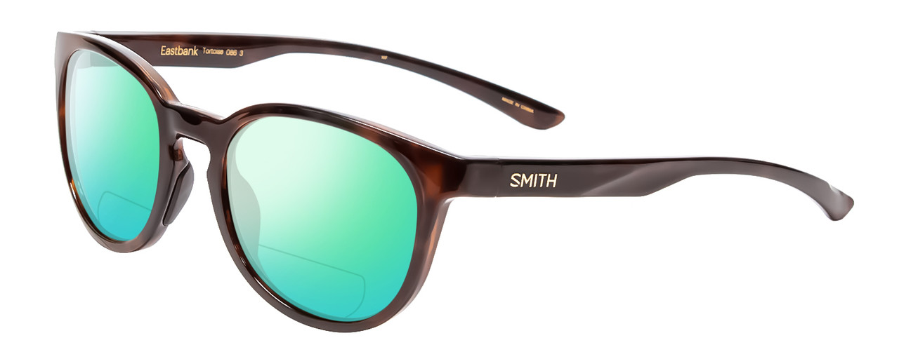 Profile View of Smith Optics Eastbank Designer Polarized Reading Sunglasses with Custom Cut Powered Green Mirror Lenses in Tortoise Havana Gold Unisex Round Full Rim Acetate 52 mm