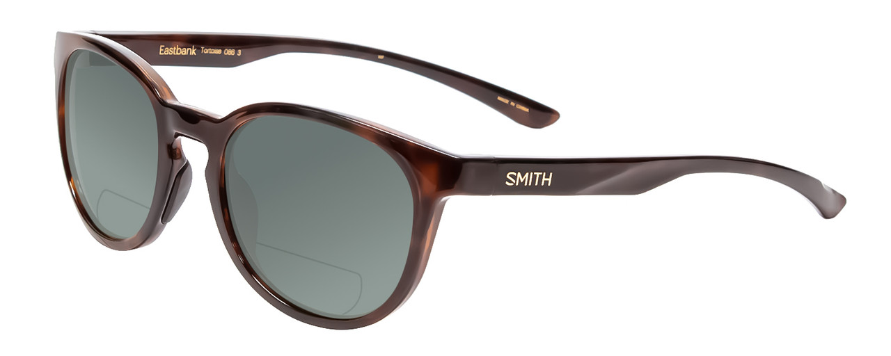 Profile View of Smith Optics Eastbank Designer Polarized Reading Sunglasses with Custom Cut Powered Smoke Grey Lenses in Tortoise Havana Gold Unisex Round Full Rim Acetate 52 mm