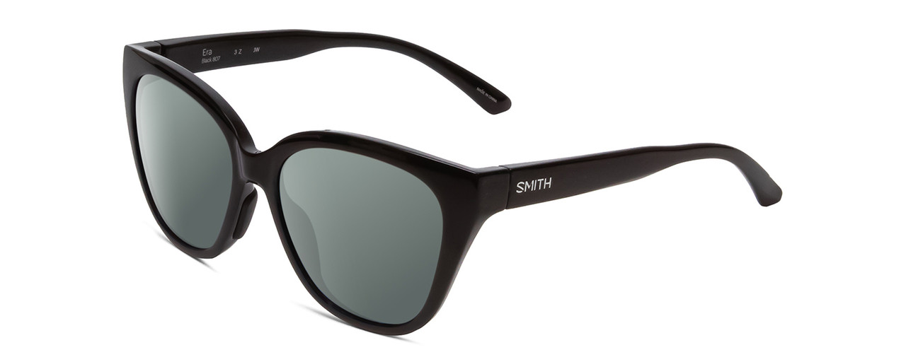 Profile View of Smith Optics Era Designer Polarized Sunglasses with Custom Cut Smoke Grey Lenses in Gloss Black Ladies Cateye Full Rim Acetate 55 mm