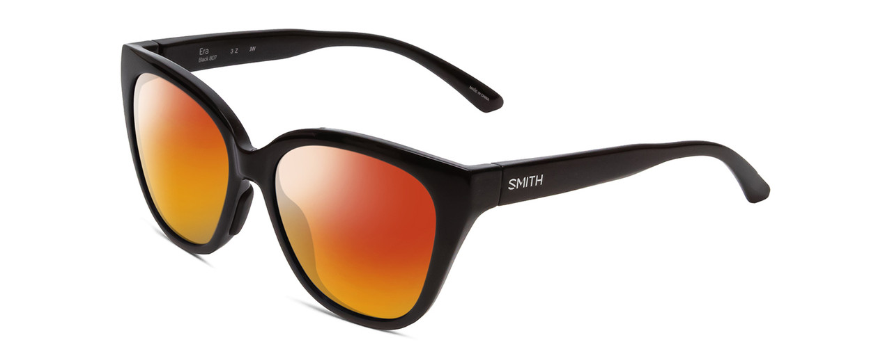 Profile View of Smith Optics Era Designer Polarized Sunglasses with Custom Cut Red Mirror Lenses in Gloss Black Ladies Cateye Full Rim Acetate 55 mm