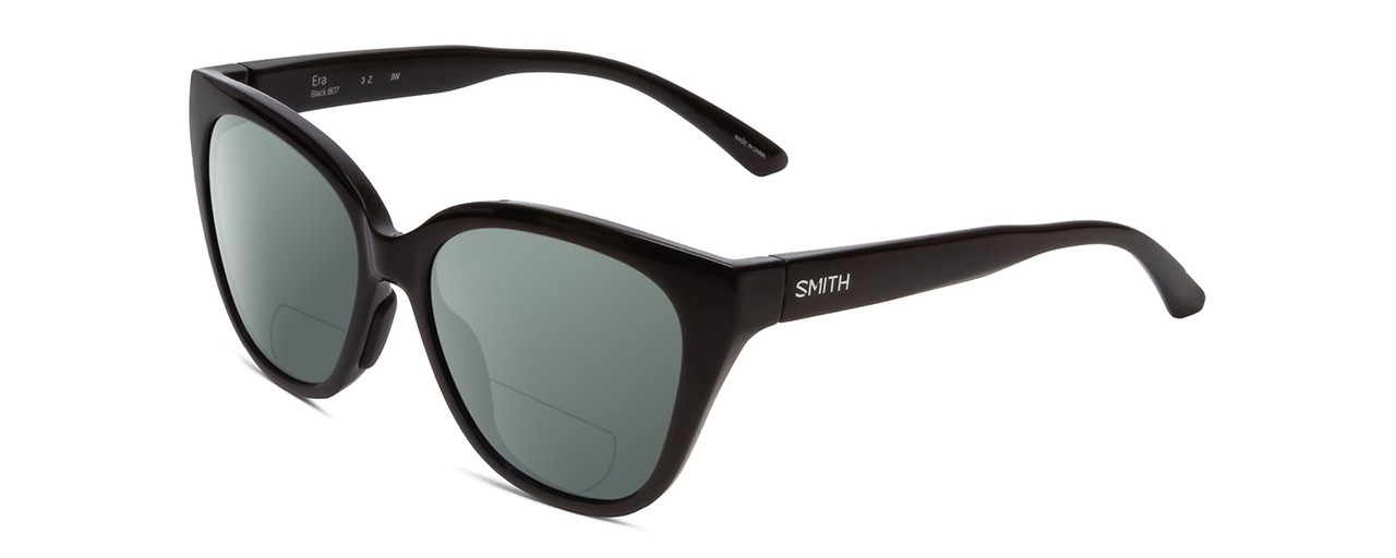 Profile View of Smith Optics Era Designer Polarized Reading Sunglasses with Custom Cut Powered Smoke Grey Lenses in Gloss Black Ladies Cateye Full Rim Acetate 55 mm
