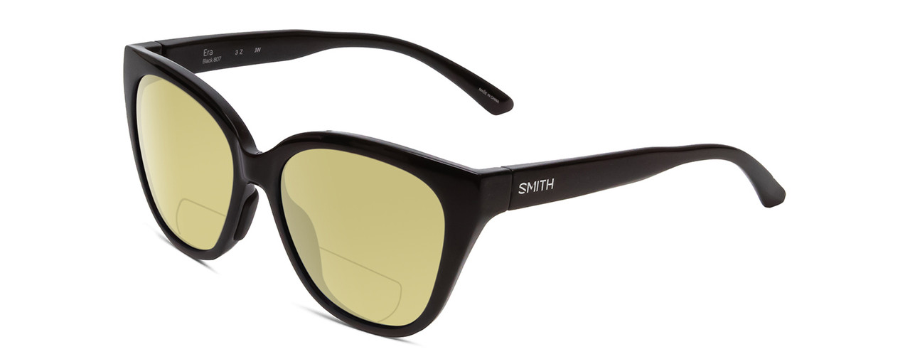 Profile View of Smith Optics Era Designer Polarized Reading Sunglasses with Custom Cut Powered Sun Flower Yellow Lenses in Gloss Black Ladies Cateye Full Rim Acetate 55 mm
