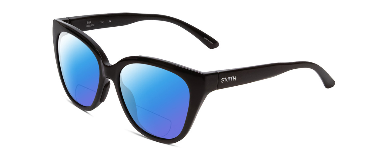 Profile View of Smith Optics Era Designer Polarized Reading Sunglasses with Custom Cut Powered Blue Mirror Lenses in Gloss Black Ladies Cateye Full Rim Acetate 55 mm