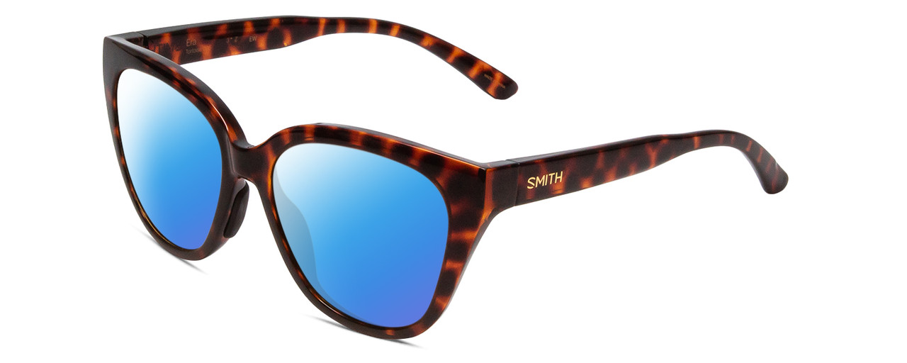 Profile View of Smith Optics Era Designer Polarized Sunglasses with Custom Cut Blue Mirror Lenses in Tortoise Havana Gold Ladies Cateye Full Rim Acetate 55 mm