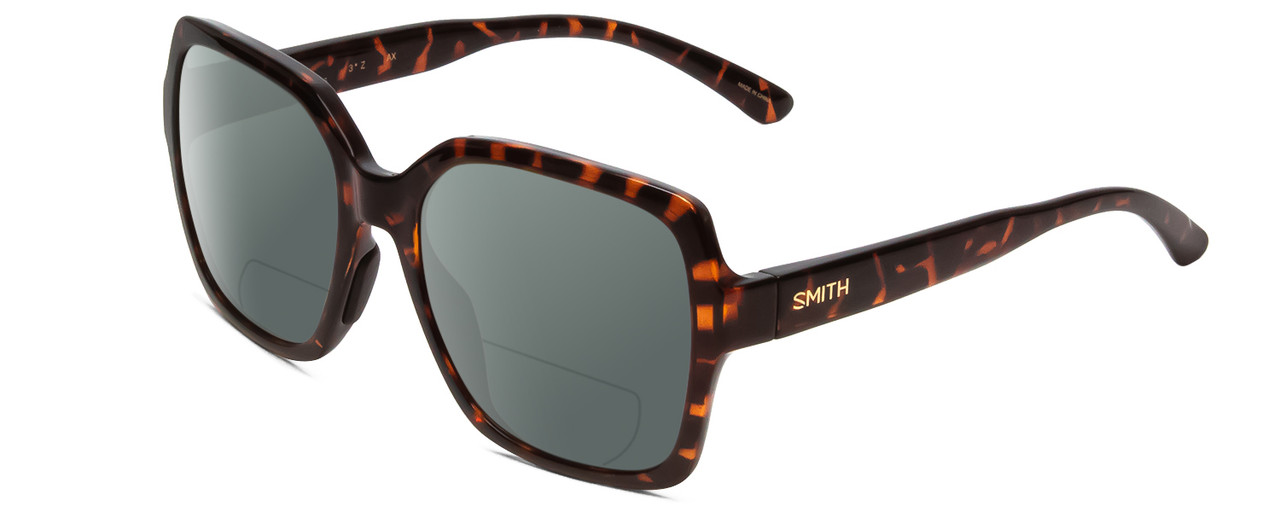 Profile View of Smith Optics Flare Designer Polarized Reading Sunglasses with Custom Cut Powered Smoke Grey Lenses in Tortoise Havana Gold Ladies Oversized Full Rim Acetate 57 mm