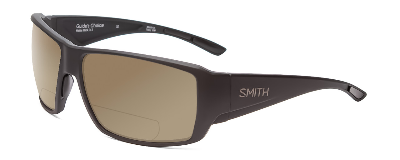 Profile View of Smith Optics Guides Choice Designer Polarized Reading Sunglasses with Custom Cut Powered Amber Brown Lenses in Matte Black Unisex Rectangle Full Rim Acetate 62 mm