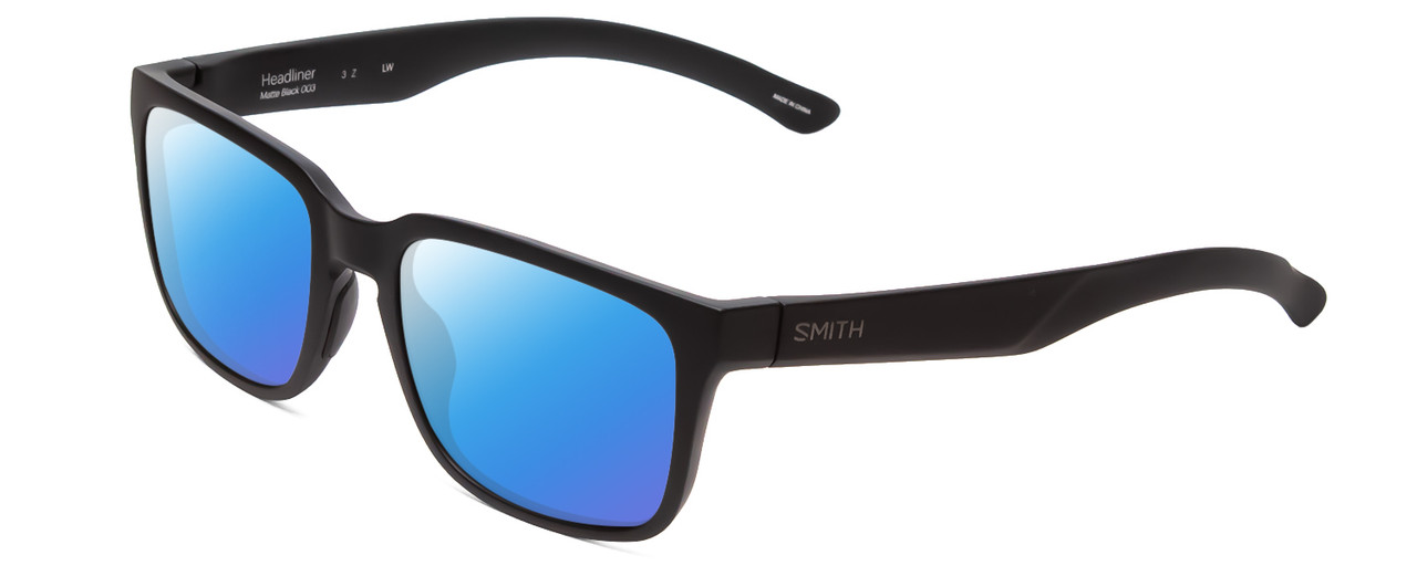 Profile View of Smith Optics Headliner Designer Polarized Sunglasses with Custom Cut Blue Mirror Lenses in Matte Black Unisex Square Full Rim Acetate 55 mm