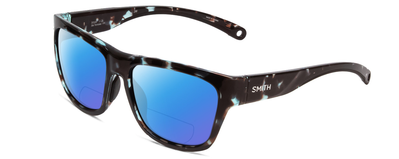 Profile View of Smith Optics Joya Designer Polarized Reading Sunglasses with Custom Cut Powered Blue Mirror Lenses in Sky Tortoise Havana Marble Brown Ladies Square Full Rim Acetate 56 mm