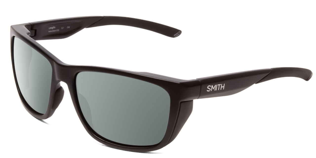 Profile View of Smith Optics Longfin Designer Polarized Sunglasses with Custom Cut Smoke Grey Lenses in Matte Black Unisex Wrap Full Rim Acetate 59 mm
