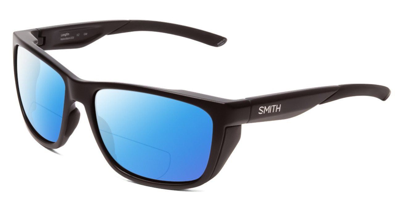Profile View of Smith Optics Longfin Designer Polarized Reading Sunglasses with Custom Cut Powered Blue Mirror Lenses in Matte Black Unisex Wrap Full Rim Acetate 59 mm